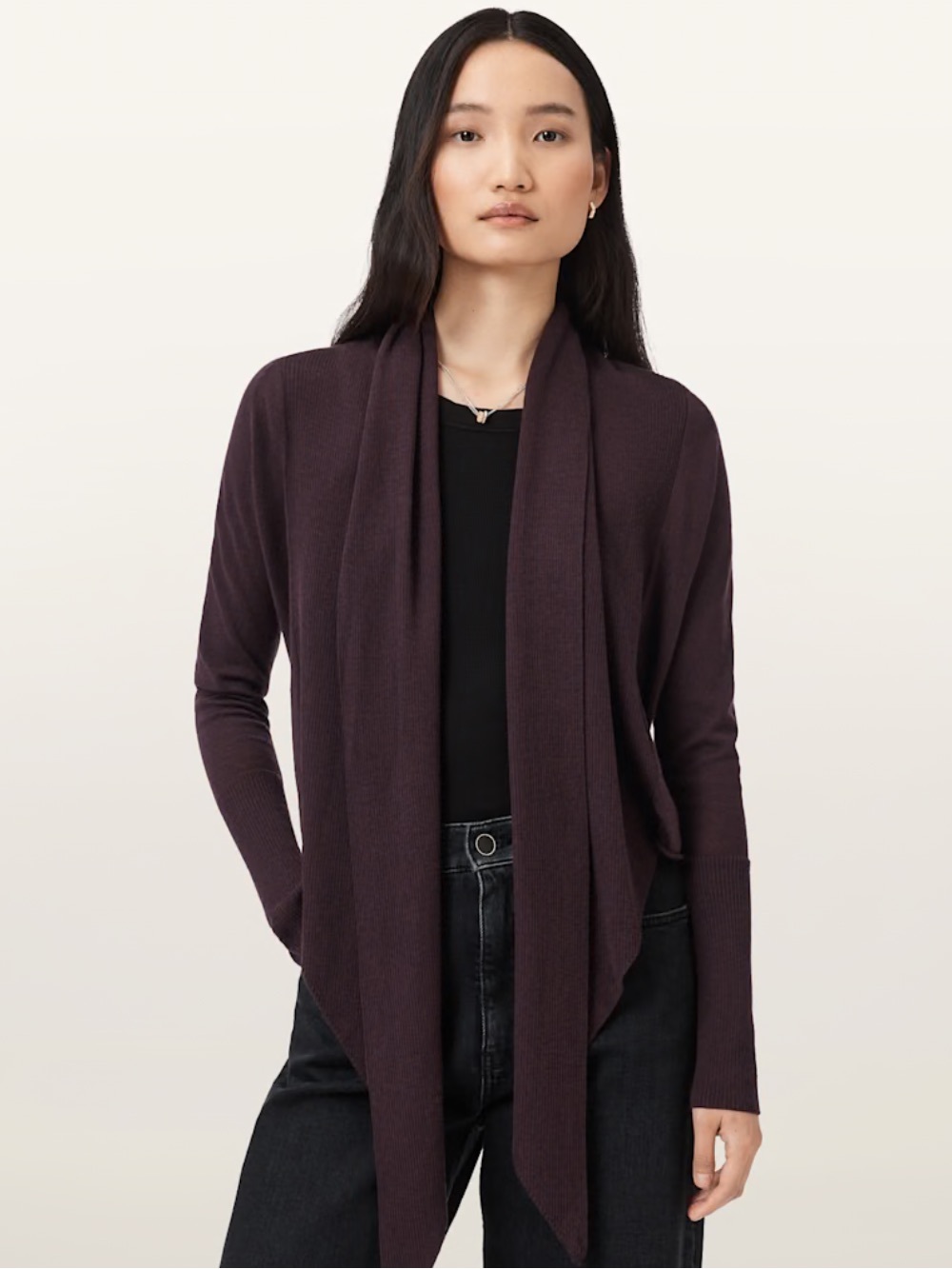 Allsaints Wasson Pirate Wrap Merino Wool Cardigan in Oxblood Red - Picture 3 of 6
